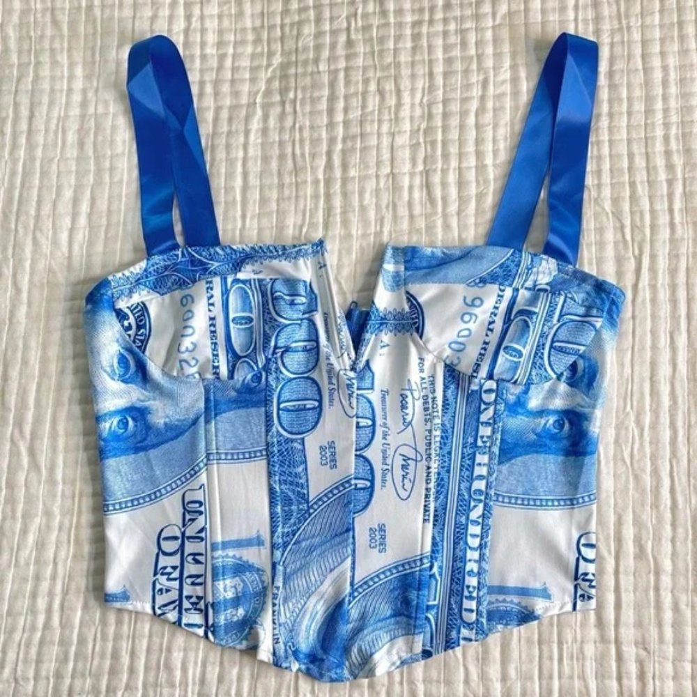 Money Print Plunge Corset Top - NWT